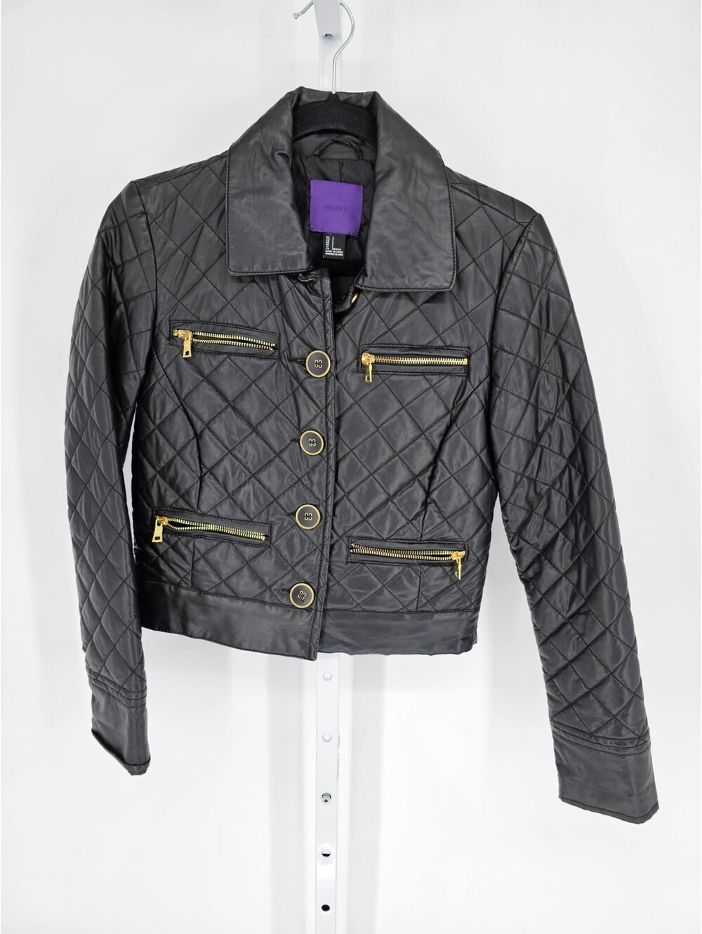 Forever 21 Womens Sz S Cropped Faux Leather Jacket Quilted Black Gold